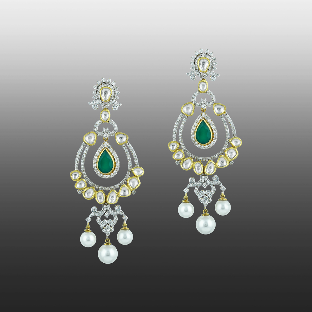 Polki Chandelier Earrings with Green Onyx Drops and Pearls